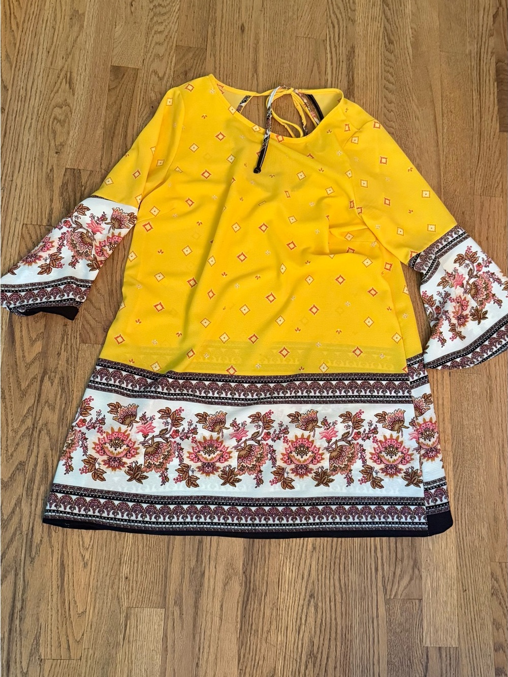 Red Lolly Yellow Floral Border Print Bell Sleeve Shirt / Mini Dress